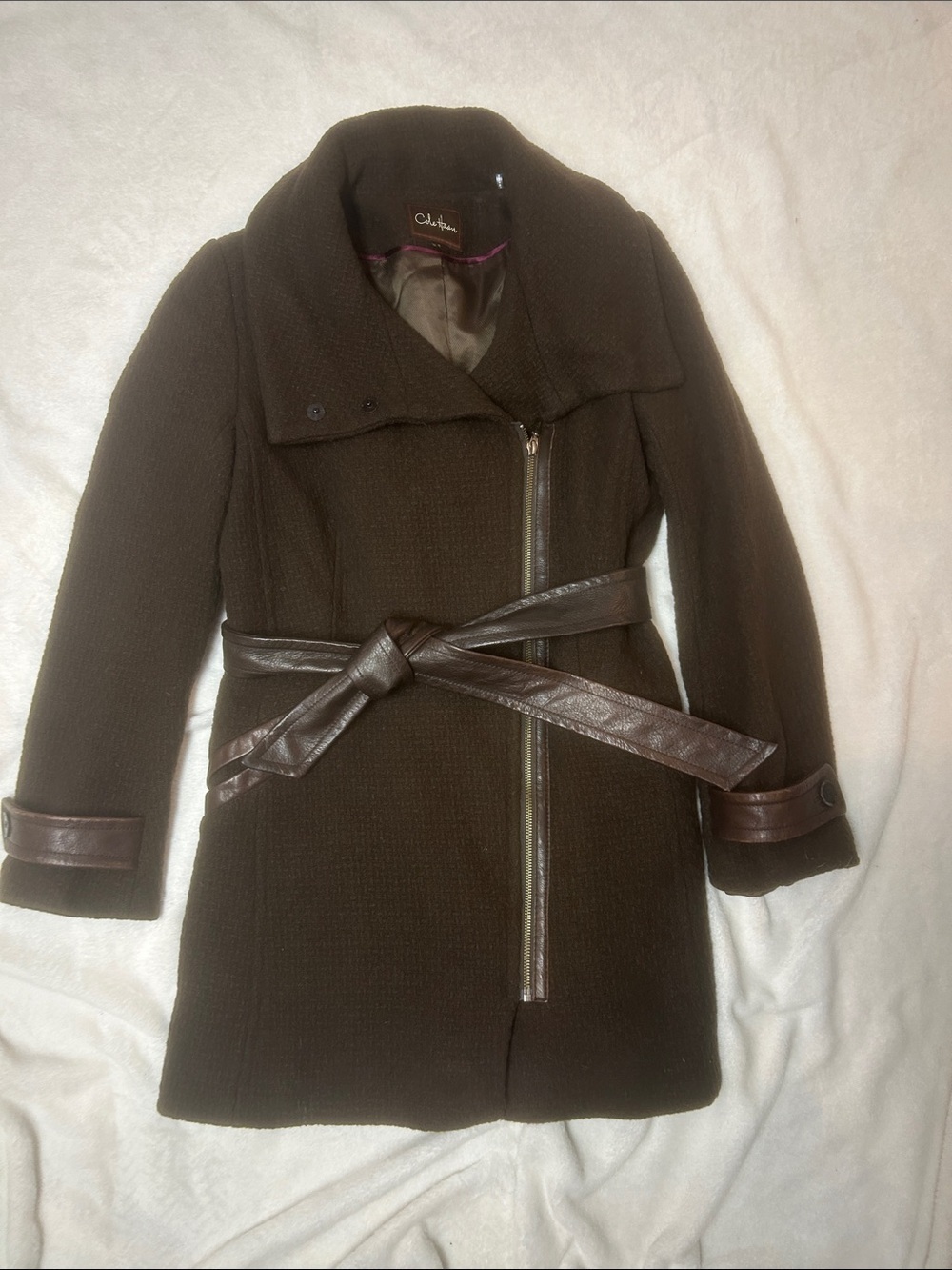 Cole Haan Women’s Coat Dark Brown Belted Trench Style Leather Accents Size 8
